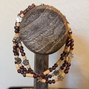 925 Sterling Silver Three Strand Garnet Sterling Floral & Wood Bead Bracelet